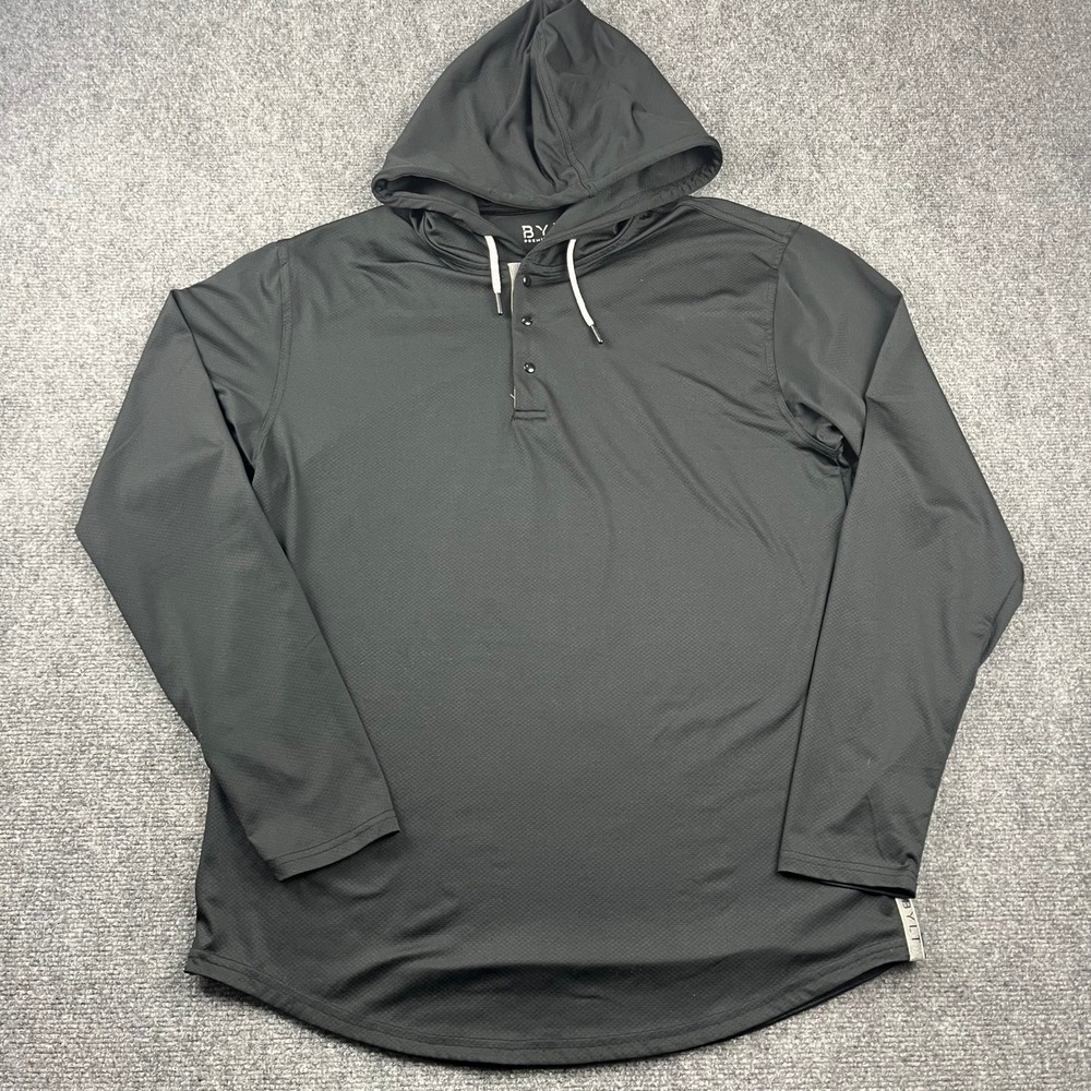 BYLT Premium Basics Mens Black Henley Hoodie Large Athletic Long Sleeve Shirt